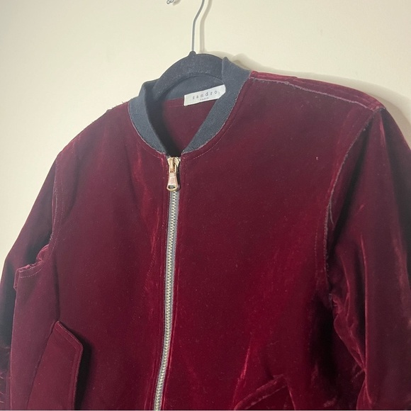 NWOT SANDRO Paris Ventura Cranberry Red Velvet Bomber Jacket - Picture 7 of 14
